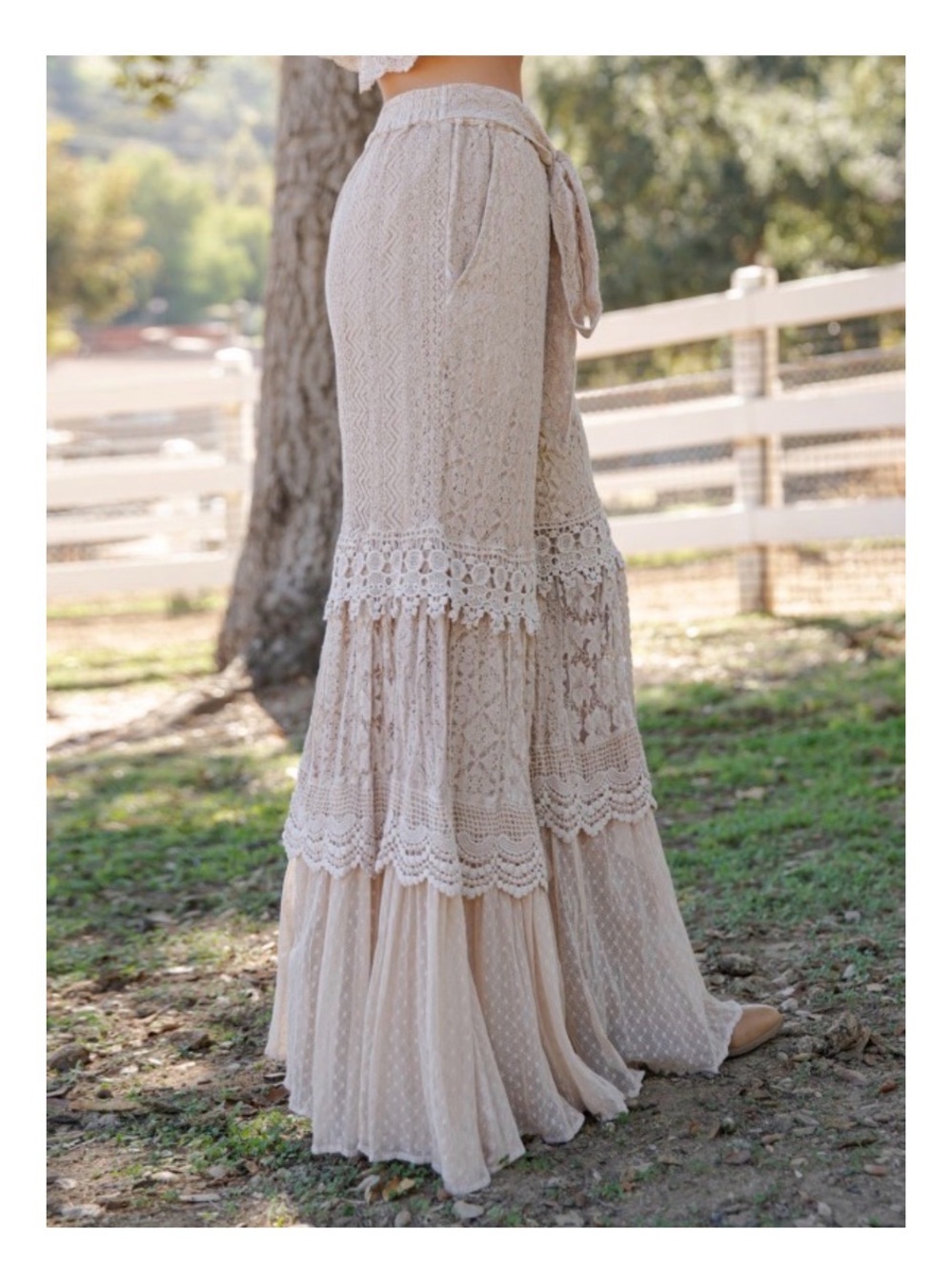 Young Threads Tan Crochet Lace Tiered Wide Leg Palazzo Pants XL NWT - Picture 8 of 8